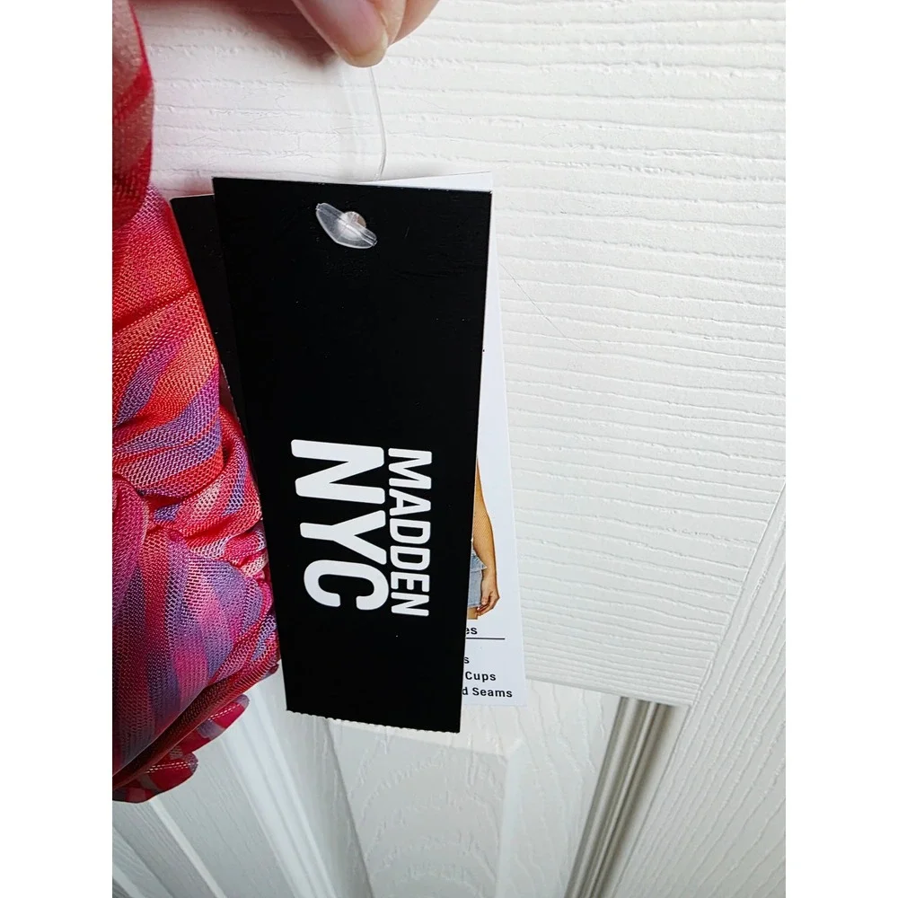 Madden NYC M Pink Orange Tropical Mesh Shirred Bustier Crop Top Medium NWT